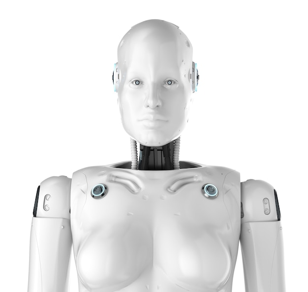 Renderização 3D ciborgue feminino ou robô isolado no branco
