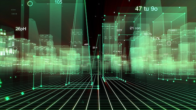 Renderização 3D cidade digital tecnológica abstrata a partir de dados no ciberespaço, armazenamento de informações no espaço de informações