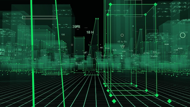 Renderização 3D cidade digital tecnológica abstrata a partir de dados no ciberespaço, armazenamento de informações no espaço de informações