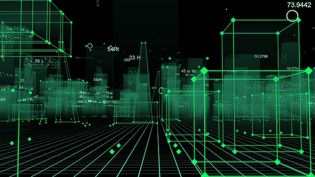 Renderização 3D cidade digital tecnológica abstrata a partir de dados no ciberespaço, armazenamento de informações no espaço de informações