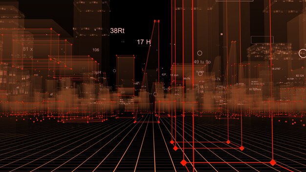 Renderização 3D cidade digital tecnológica abstrata a partir de dados no ciberespaço, armazenamento de informações no espaço de informações