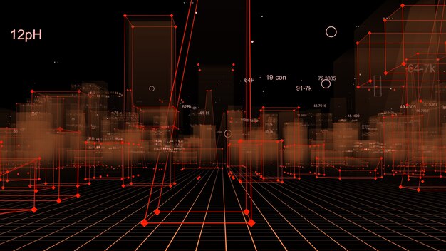 Renderização 3D cidade digital tecnológica abstrata a partir de dados no ciberespaço, armazenamento de informações no espaço de informações