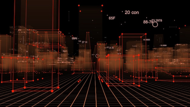 Renderização 3D cidade digital tecnológica abstrata a partir de dados no ciberespaço, armazenamento de informações no espaço de informações