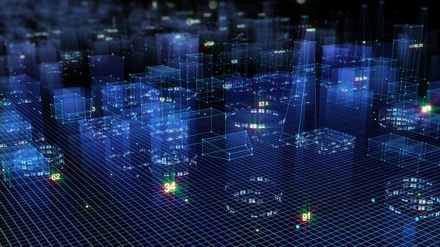 Renderização 3d cidade digital tecnológica abstrata a partir de dados no ciberespaço, armazenamento de informações no espaço de informações