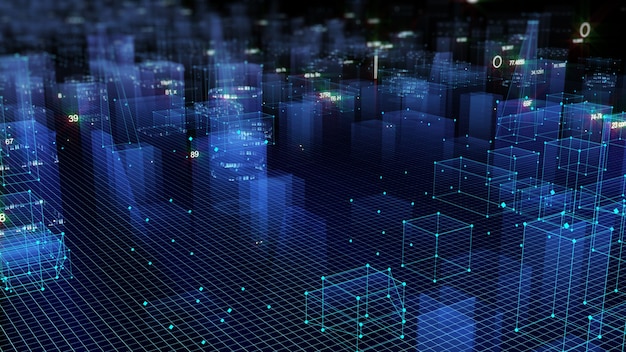 Renderização 3D cidade digital tecnológica abstrata a partir de dados no ciberespaço, armazenamento de informações no espaço de informações