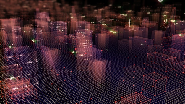 Renderização 3D cidade digital tecnológica abstrata a partir de dados no ciberespaço, armazenamento de informações no espaço de informações