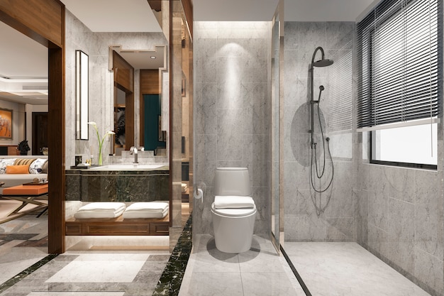 Renderização 3D clássica casa de banho moderna com decoração de azulejos de luxo perto da sala de estar