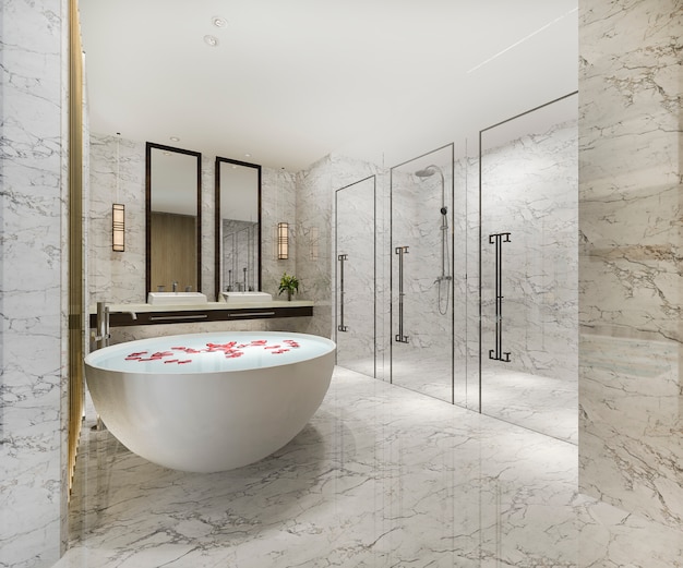 Renderização 3D clássico banheiro moderno com decoração de azulejos de luxo
