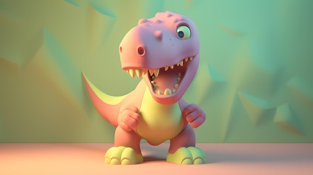 Renderização 3D colorida de um brinquedo TRex estilizado em uma mesa criada com Blender ZBrush e Keyshot