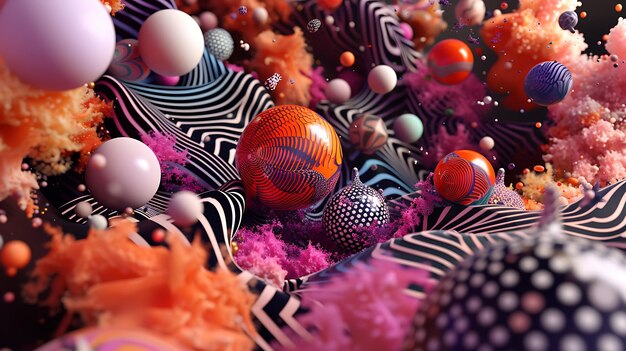 Renderização 3D colorida de uma paisagem surrealista com esferas flutuantes e formas abstratas