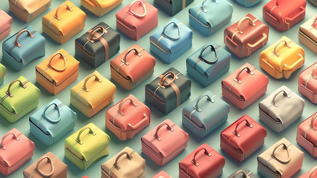 Foto renderização 3d colorida de uma variedade de bolsas e malas de viagem em diferentes cores e estilos