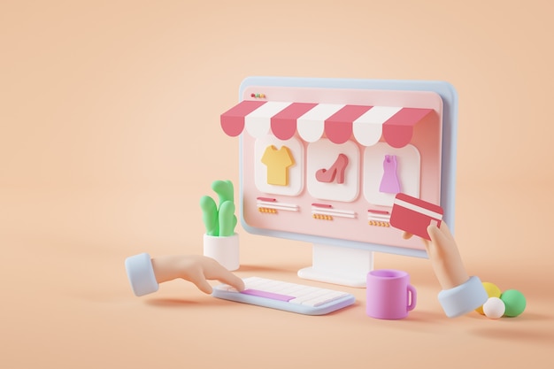 Renderização 3D colorida do conceito da loja online