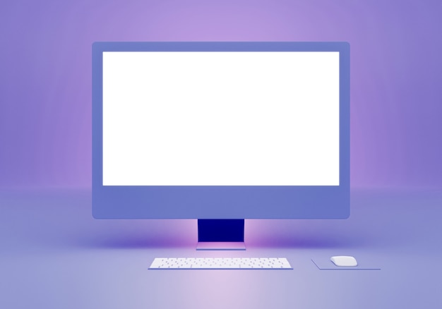 Renderização 3D com design de maquete de monitor de computador azul com espaço vazio