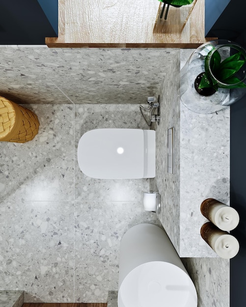 Foto renderização 3d com design moderno de banheiro com ladrilhos sob concreto e mármore