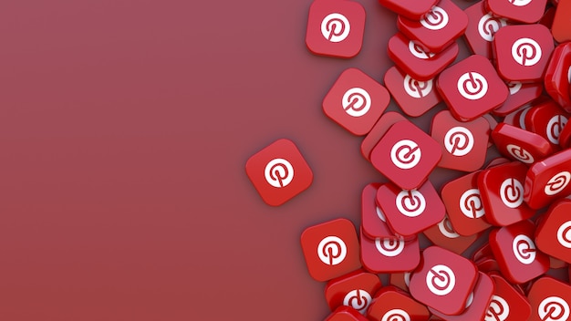 Renderização 3D com vários emblemas quadrados do pinterest sobre fundo vermelho escuro