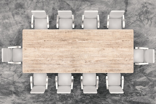 Renderização 3D com vista superior mesa de conferência e cadeiras de escritório