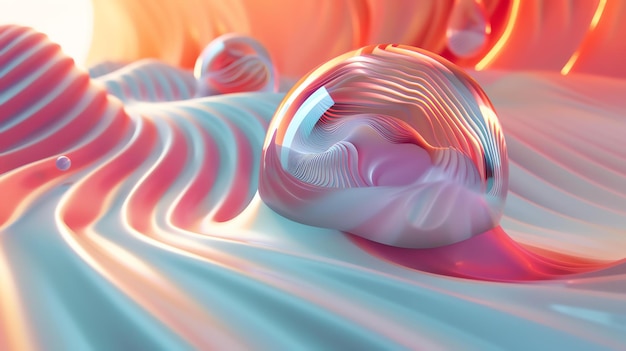 Foto renderização 3d cores pastel rosa e azul formas onduladas abstratas com uma grande esfera
