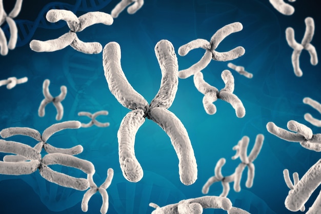 Renderização 3D cromossomo branco em fundo azul