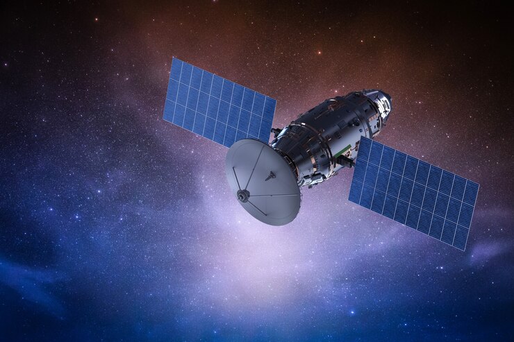 Foto renderização 3d da antena parabólica com antena no espaço sideral