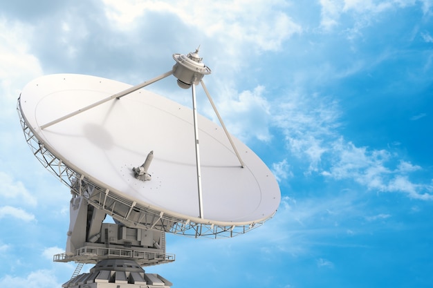 Foto renderização 3d da antena parabólica com fundo do céu azul