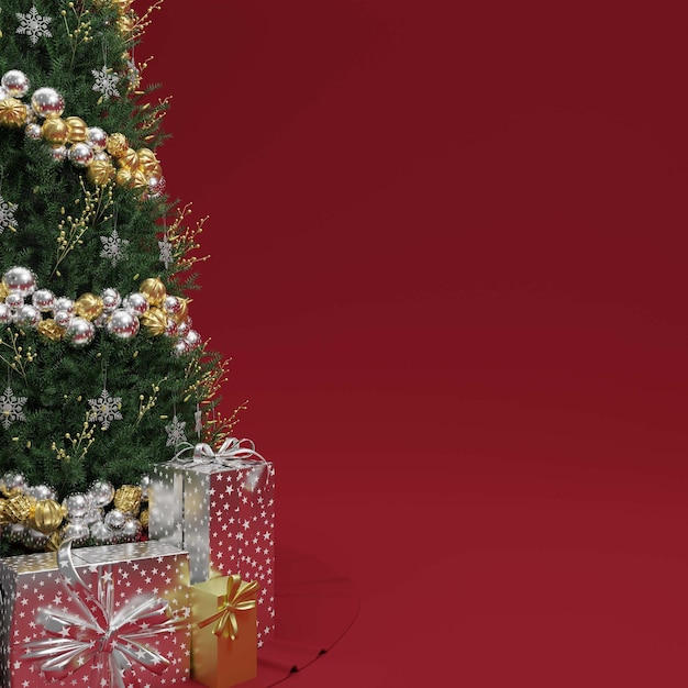 Renderização 3D da árvore de Natal em fundo vermelho