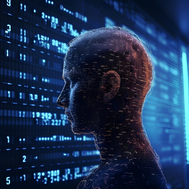 renderização 3D da cabeça humana com código binário nele e fundo azul