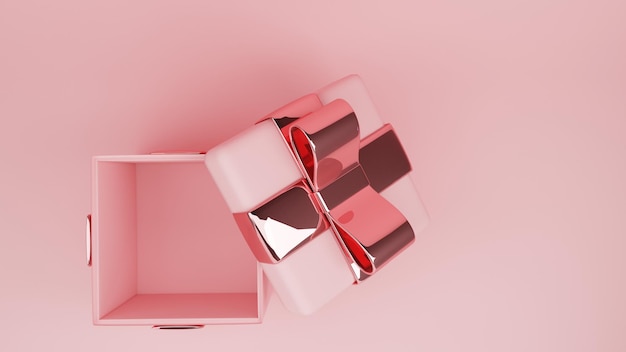 Renderização 3D da caixa de presente rosa com laço de fita dourada sobre fundo rosa pastel Presente commer abstrato