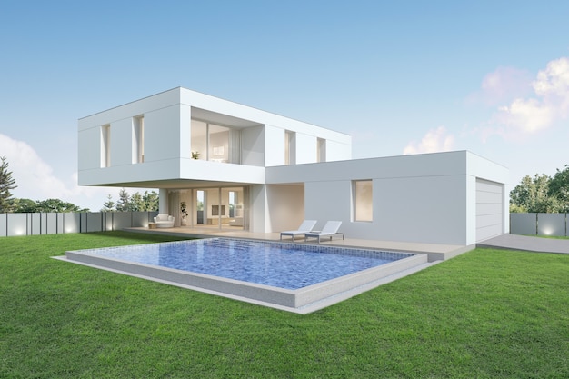 Renderização 3D da casa de luxo moderna com jardim e piscina.