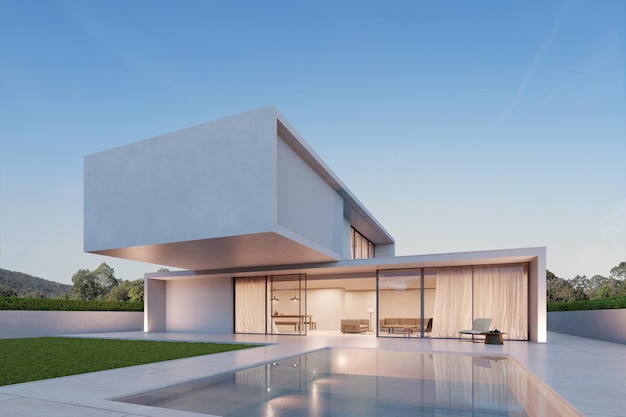 Renderização 3d da casa de luxo moderna com piscina e terraço de mármore durante a noite