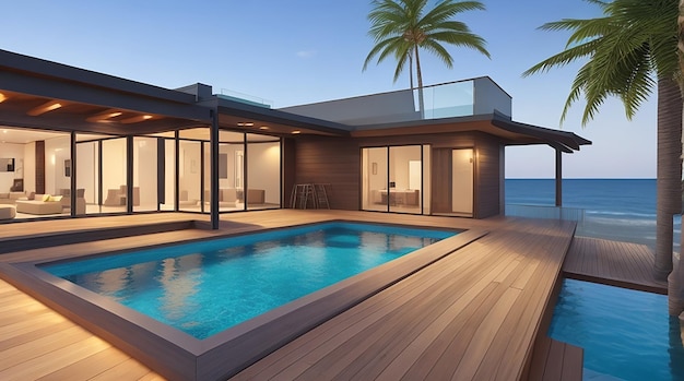 renderização 3D da casa de praia de luxo moderna com terraço de madeira e piscina no fundo do mar