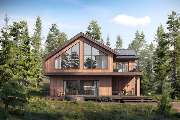 Renderização 3D da casa florestal de madeira cercada por árvores