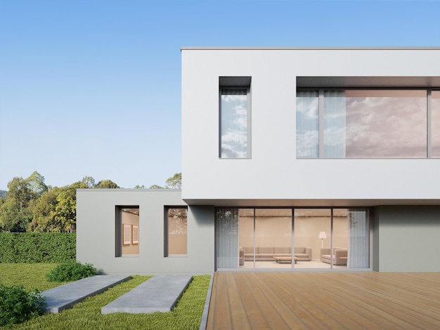 renderização 3D da casa moderna de luxo com piso de deck de madeira grande e quintal