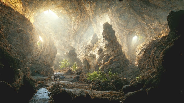 Renderização 3D da caverna com bela decoração de pedra natural