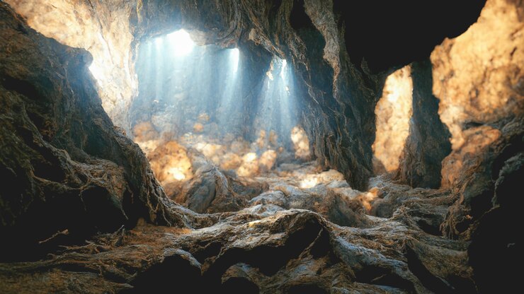 Foto renderização 3d da caverna com bela decoração de pedra natural
