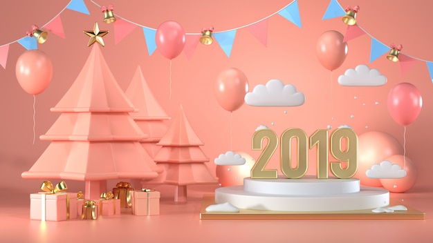 Renderização 3D da cena decorar a árvore de Natal e caixa de presente no dia de natal 2019