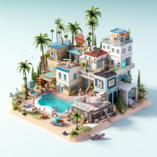 Renderização 3D da cidade de Beach House isométrica