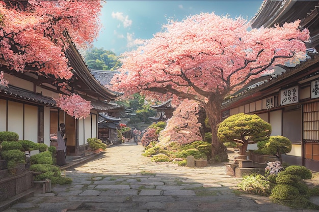 Renderização 3D da cidade velha do Japão com árvores de cerejeira