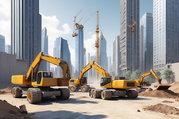 Renderização 3D da construção conceitual de edifícios urbanos Excavadores e guindastes em uma cidade moderna