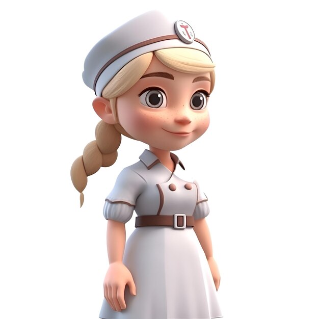 Renderização 3D da Enfermeira com boné náutico e vestido branco