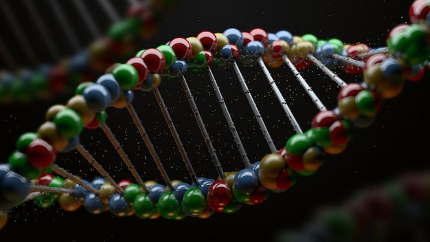 Renderização 3D da forma de DNA. Fundo de ciência com hélice de esferas reflexivas. Conceito genético.