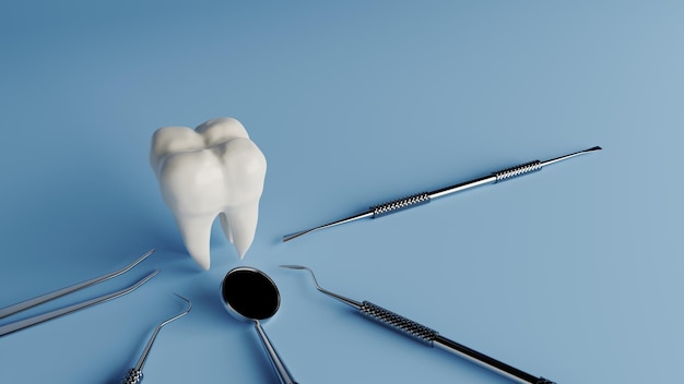 Renderização 3d da imagem do conceito dos dentes e do equipamento dental