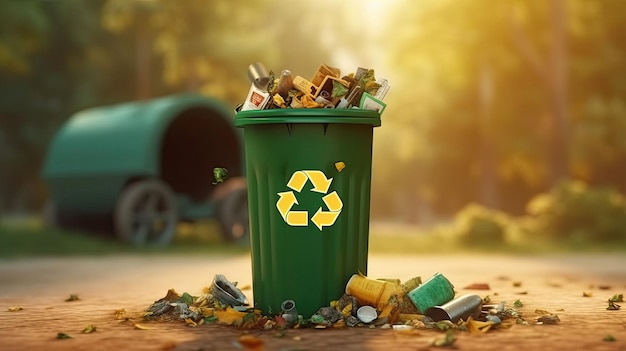 Renderização 3D da lata de lixo com lixo plástico e lente grande angular de sinal de reciclagem verde