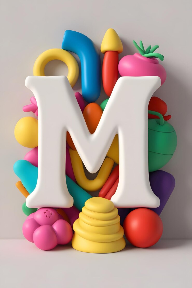Foto renderização 3d da letra m cercada por objetos coloridos e brincalhões em textura de argila cgi
