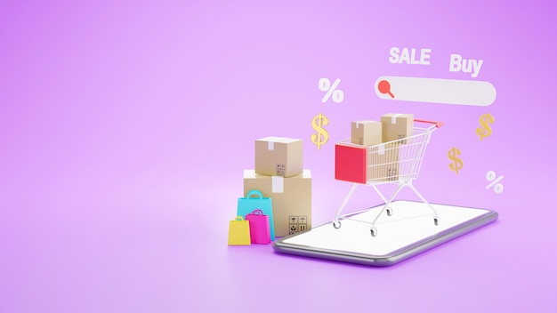 Renderização 3D da loja de compras online no conceito de aplicativo móvel