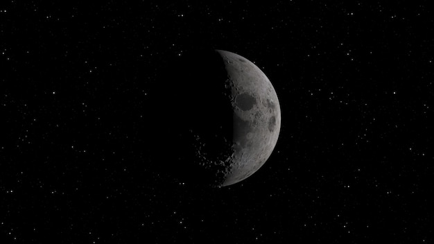 Renderização 3D da Lua contra o fundo do espaço com crateras iluminadas e solo lunar