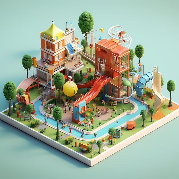 Renderização 3D da miniatura isométrica da cidade do playground