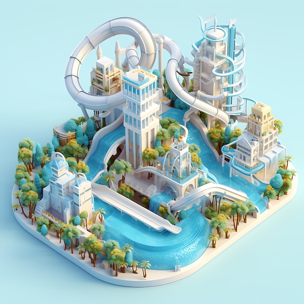 Renderização 3D da miniatura isométrica da cidade do toboágua