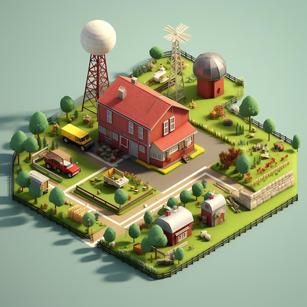 Renderização 3D da miniatura isométrica de Farm Barn City