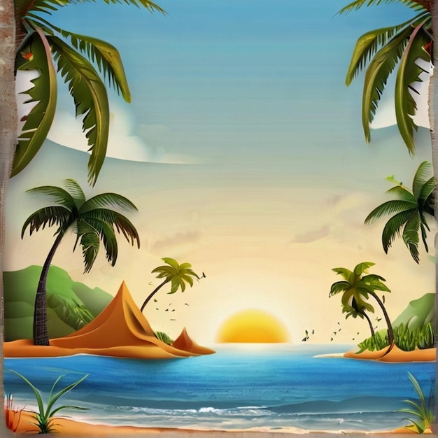 Renderização 3D da paisagem da ilha de Summer Beach Ilustração vetorial do logotipo