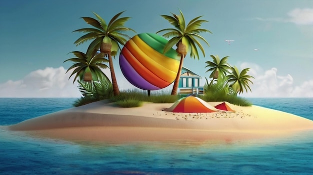 Renderização 3D da paisagem da ilha de Summer Beach Ilustração vetorial do logotipo